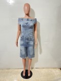 One Shoulder Sleeveless Denim Romper LX-6063