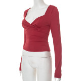 Solid Color Square Neck Long Sleeve Tops GDSF-D25TP270