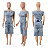 One Shoulder Sleeveless Denim Romper LX-6063