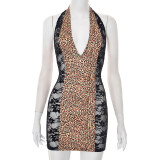 Leopard Print Lace Patchwork Mini Dress GDSF-D25DS259