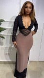 Lace Long Sleeve V Neck Maxi Dress GXIN-8852