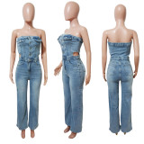 Fashion Wrap Chest Denim Wide Leg Jumpsuit LX-6999