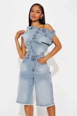 One Shoulder Sleeveless Denim Romper LX-6063