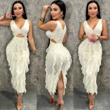 Solid Color Hollow Out Ruffles Midi Dress CYA-901909