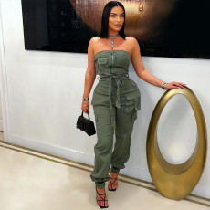 Solid Color Wrap Chest Zipper Jumpsuit NY-3629