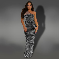 Mesh Hot Drill Slash Shoulder Maxi Dress BY-7422