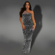Mesh Hot Drill Slash Shoulder Maxi Dress BY-7422