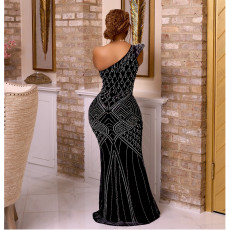 Hot Drill Slash Neck Slim Maxi Dress BY-6818