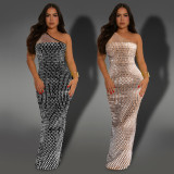 Mesh Hot Drill Slash Shoulder Maxi Dress BY-7422