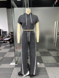 Plus Size Fashion Washed Hoodies Pants Two Piece Set NY-3652
