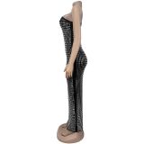 Mesh Hot Drill Slash Shoulder Maxi Dress BY-7422
