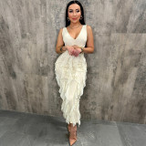 Solid Color Hollow Out Ruffles Midi Dress CYA-901909