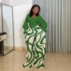 Solid Long Sleeve Loose Print Wide Leg Pant Suit CYA-901924