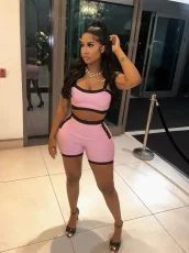 Color Block Sport Tight Two Piece Shorts Set GFCF-1374