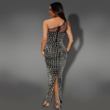 Mesh Hot Drill Slash Shoulder Maxi Dress BY-7422