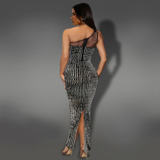 Mesh Hot Drill Slash Shoulder Maxi Dress BY-7422