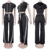 Plus Size Fashion Washed Hoodies Pants Two Piece Set NY-3652