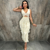 Solid Color Hollow Out Ruffles Midi Dress CYA-901909