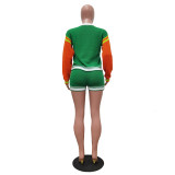 Color Block Long Sleeve Knits Two Piece Shorts Set TR-1337