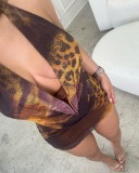 Leopard Print V Neck Mesh Two Piece Skirts Set SHD-9537