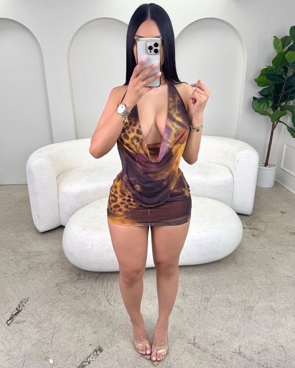 Leopard Print V Neck Mesh Two Piece Skirts Set SHD-9537