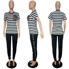 Black White Stripe Casual Sport Pants Suit LSL-6236