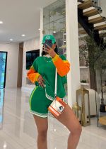 Color Block Long Sleeve Knits Two Piece Shorts Set TR-1337