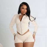Long Sleeve Zipper Tops And Shorts 2 Piece Set SHD-9535