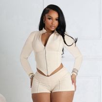 Long Sleeve Zipper Tops And Shorts 2 Piece Set SHD-9535
