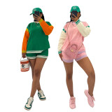 Color Block Long Sleeve Knits Two Piece Shorts Set TR-1337