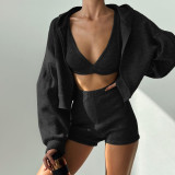 Solid Color Knits Hooded Short 3 Piece Set GPKJ-KJ07976