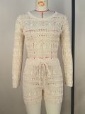 Long Sleeve Hollow Out Two Piece Shorts Set MDF-5523