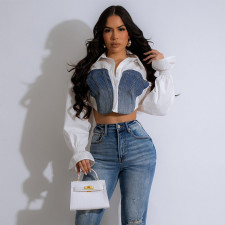 Denim Patchwork Flare Sleeve Shirt GBTF-31894THY