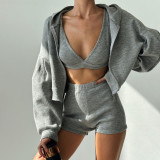 Solid Color Knits Hooded Short 3 Piece Set GPKJ-KJ07976