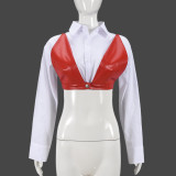 Long Sleeve PU Wrap Chest Short Shirt GBTF-31587THY