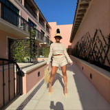 Long Sleeve Hollow Out Two Piece Shorts Set MDF-5523