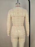 Long Sleeve Hollow Out Two Piece Shorts Set MDF-5523