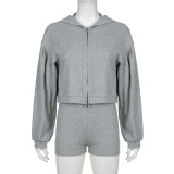 Solid Color Knits Hooded Short 3 Piece Set GPKJ-KJ07976