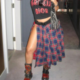 Contrast Color Plaid Print Split Skirt GBTF-7993SG