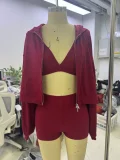 Solid Color Knits Hooded Short 3 Piece Set GPKJ-KJ07976
