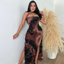 Tie Dye Print Tassel Split Maxi Dress GBTF-7925DG