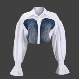 Denim Patchwork Flare Sleeve Shirt GBTF-31894THY