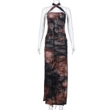 Tie Dye Print Tassel Split Maxi Dress GBTF-7925DG