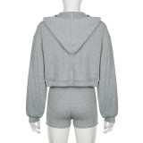 Solid Color Knits Hooded Short 3 Piece Set GPKJ-KJ07976