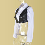 Long Sleeve PU Wrap Chest Short Shirt GBTF-31587THY