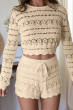Long Sleeve Hollow Out Two Piece Shorts Set MDF-5523