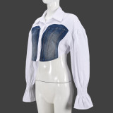 Denim Patchwork Flare Sleeve Shirt GBTF-31894THY