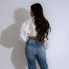 Denim Patchwork Flare Sleeve Shirt GBTF-31894THY