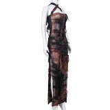 Tie Dye Print Tassel Split Maxi Dress GBTF-7925DG