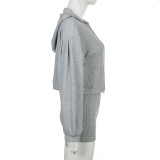 Solid Color Knits Hooded Short 3 Piece Set GPKJ-KJ07976